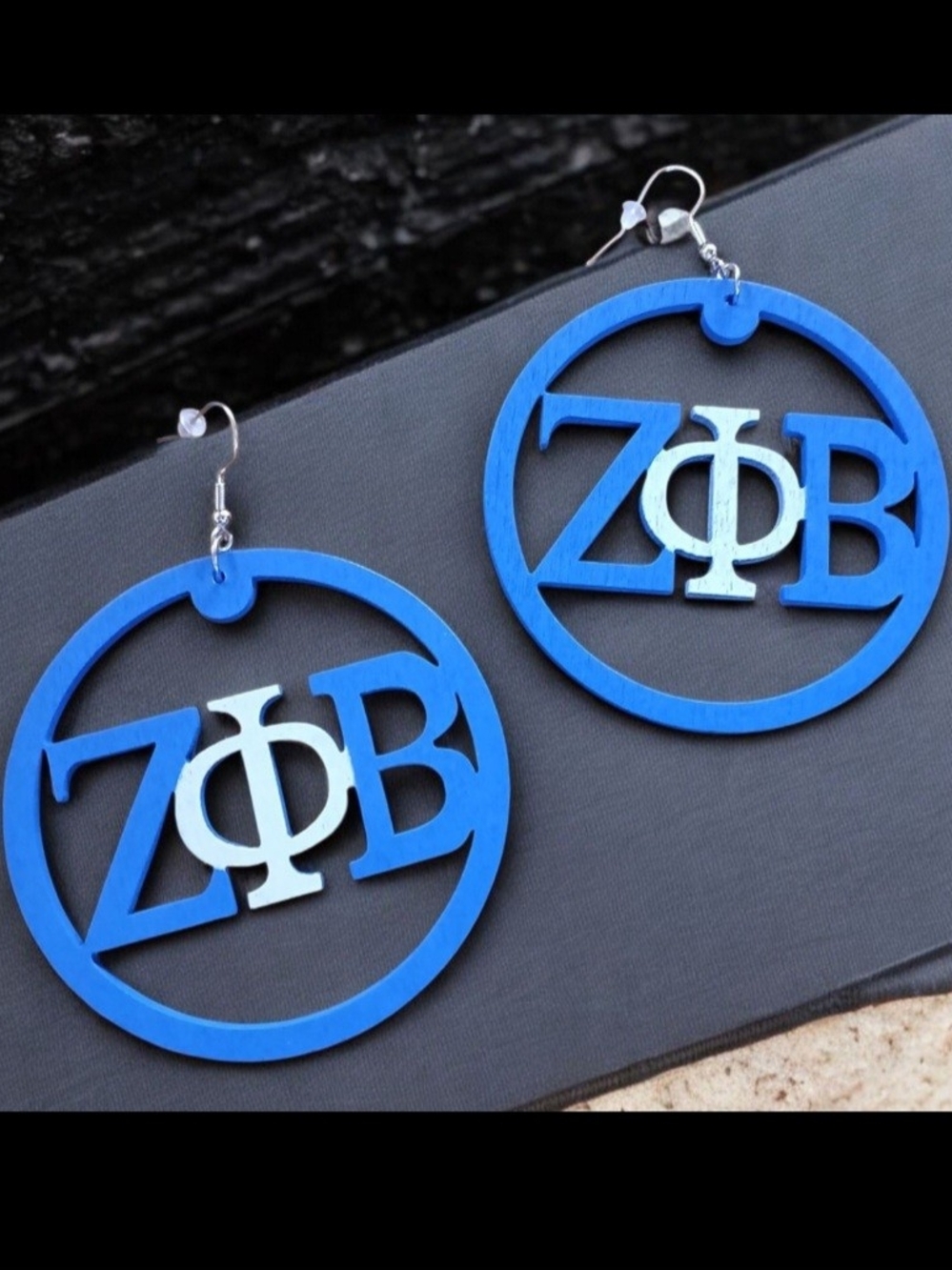 Blue ZΦB Wooden Circle Dangle Earrings